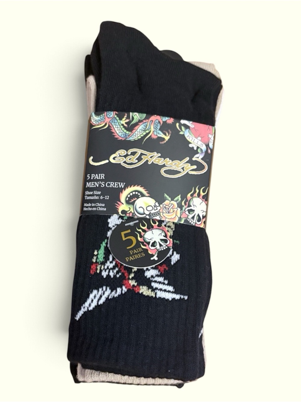 Ed Hardy Black Crew Socks with White and Red Skull Accents - 5 Pack